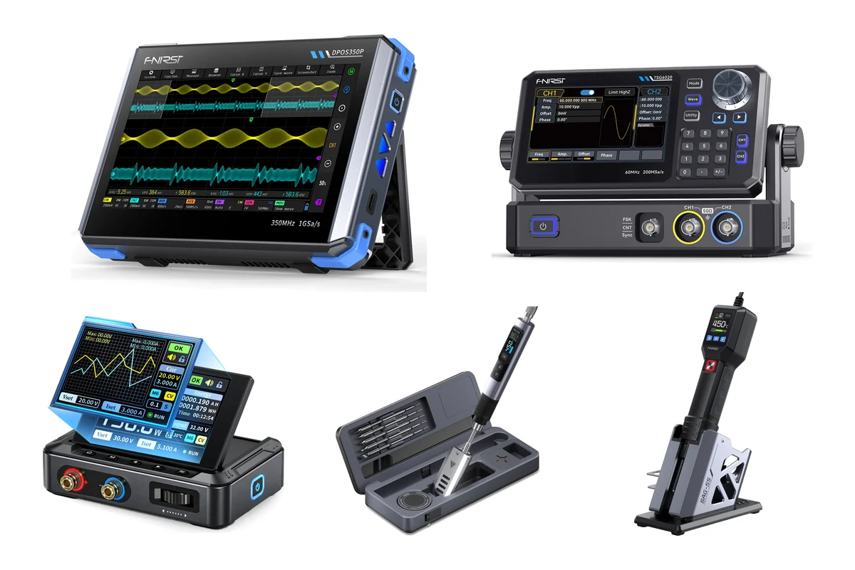 Les cinq instruments FNIRSI : oscilloscope DPOS350P, générateur TSG6020, alimentation DPS-150P, fer HS-02 et air chaud SAG-55