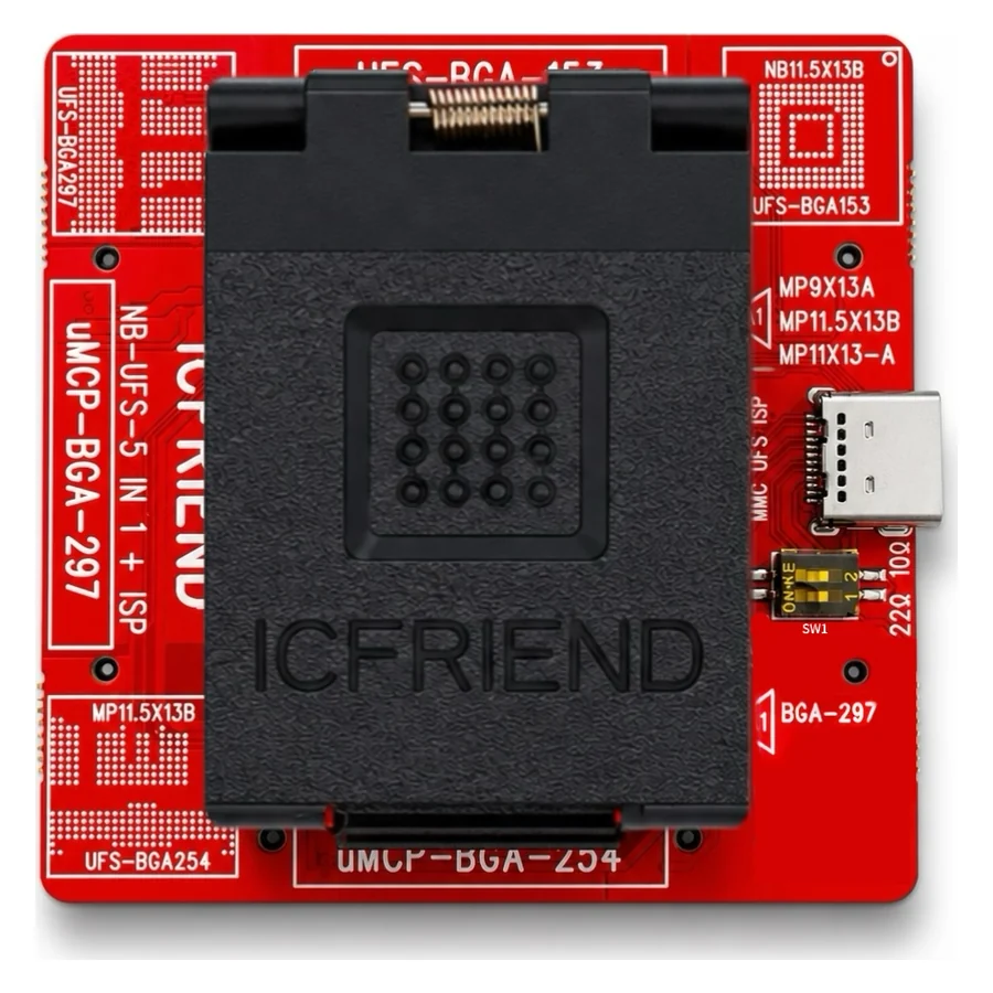Le support UFS 5-en-1 d’iCFriend vu de dessus, ses repères de boîtiers BGA153, BGA254 et BGA297