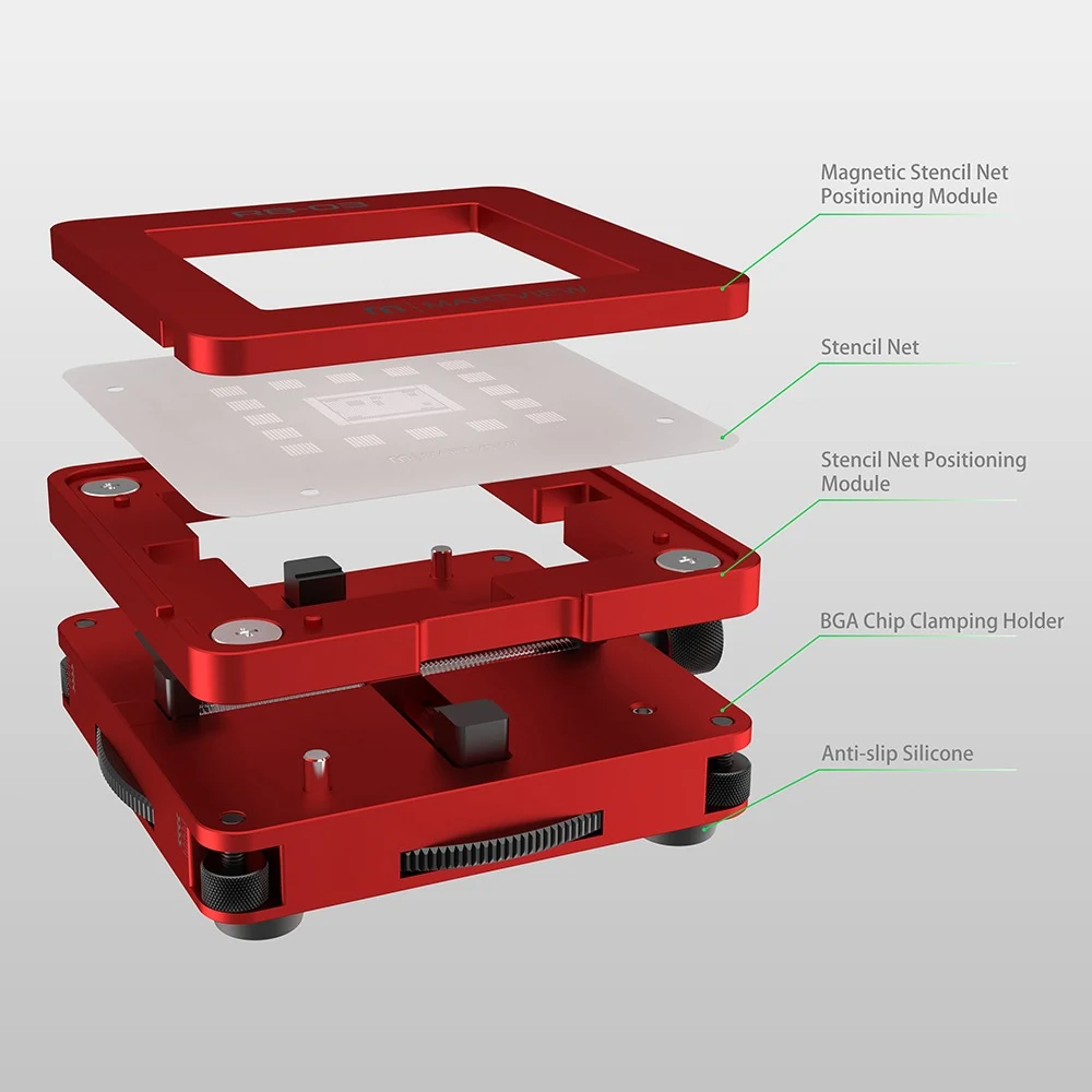 La station RB-03 en vue éclatée : cadre aimanté, pochoir, module de positionnement, mâchoires et patins en silicone