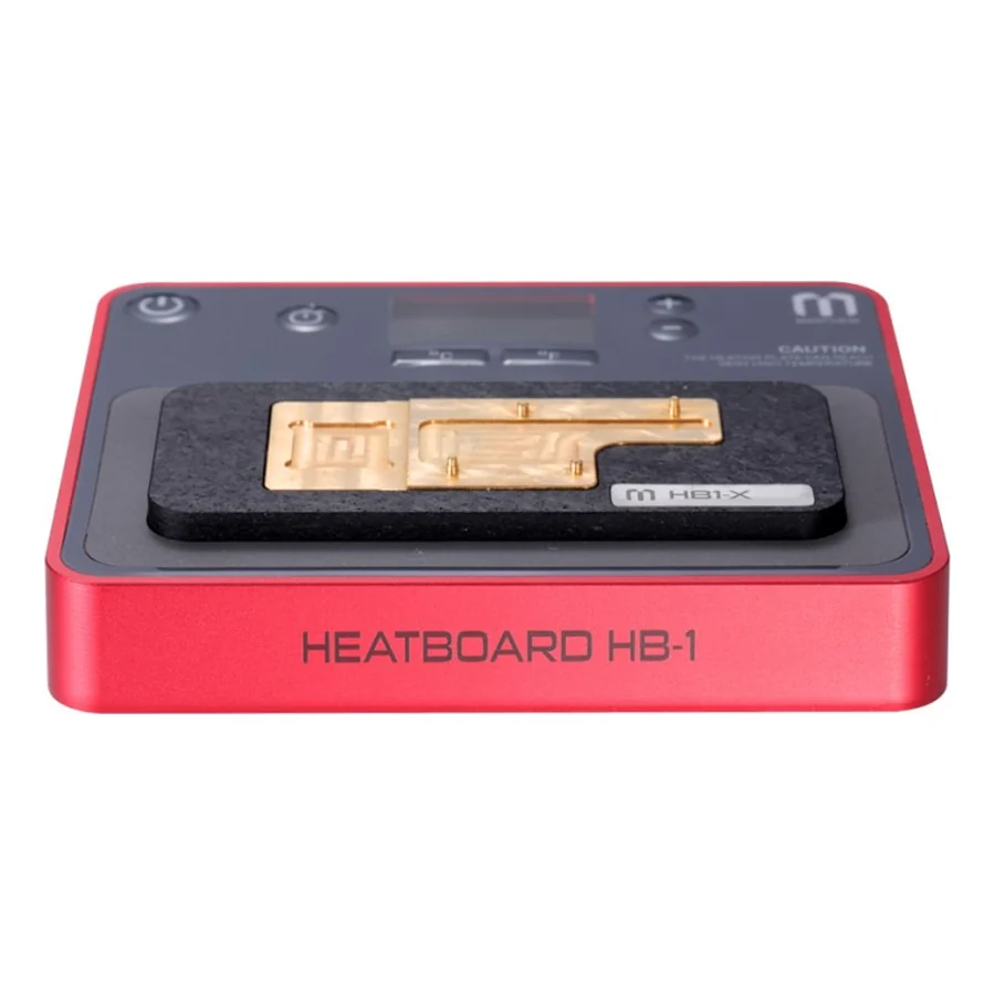 La plaque chauffante Heatboard HB-1 de Martview, rouge, avec une plaque d’iPhone en place