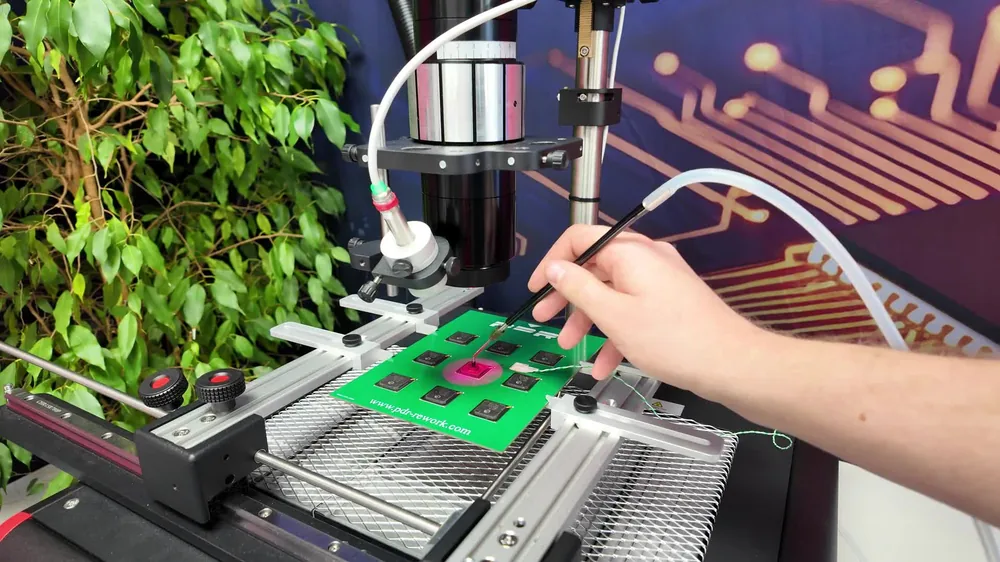 Un opérateur approche le stylet à vide d’un composant chauffé par l’infrarouge focalisé