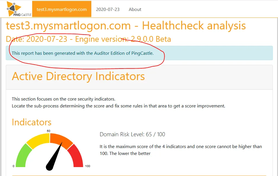 Le rapport Healthcheck de PingCastle : score de risque du domaine et indicateurs des quatre axes
