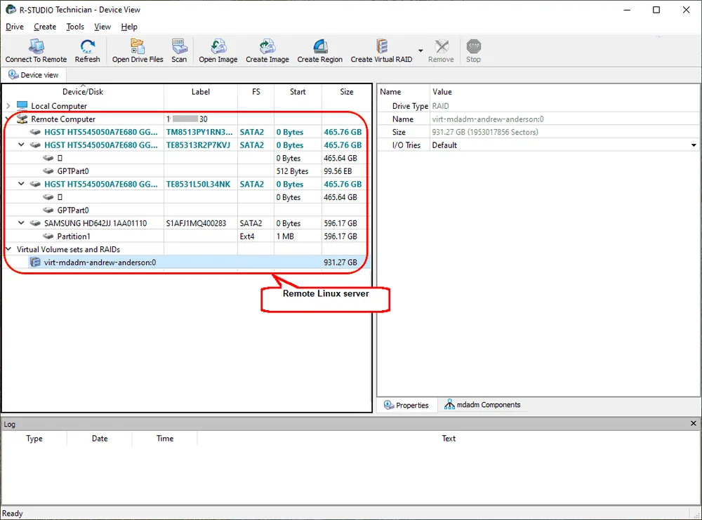 R-Studio Technician connecté par Internet aux disques d’un serveur Linux distant