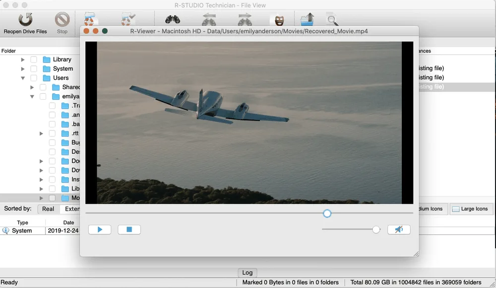 Une vidéo récupérée lue dans la visionneuse de R-Studio Technician pour Mac