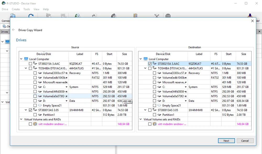 L’assistant de copie de disque de R-Studio, disque source et disque de destination