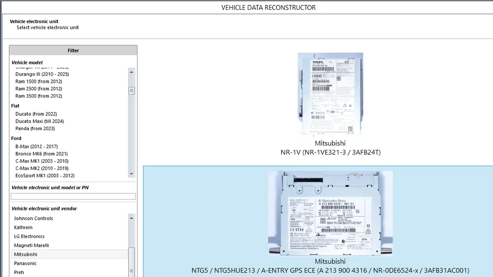 La base du VDR : recherche par modèle de véhicule et par équipementier, fiches des autoradios Mitsubishi