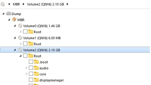 Trois volumes QNX6 reconnus dans l’image d’une mémoire, l’arborescence du troisième ouverte