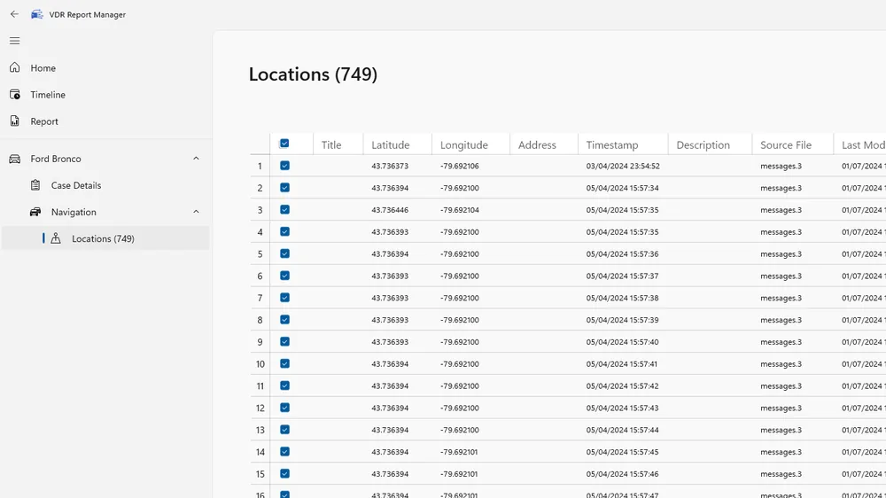 VDR Report Manager : 749 positions GPS d’un Ford Bronco, avec leur horodatage et leur fichier source