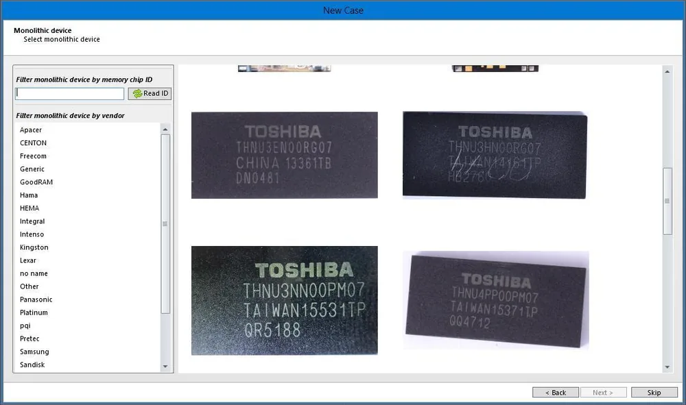 Le logiciel VNR : choix d’un appareil monolithique par fabricant ou identifiant de puce, avec les photos des puces Toshiba