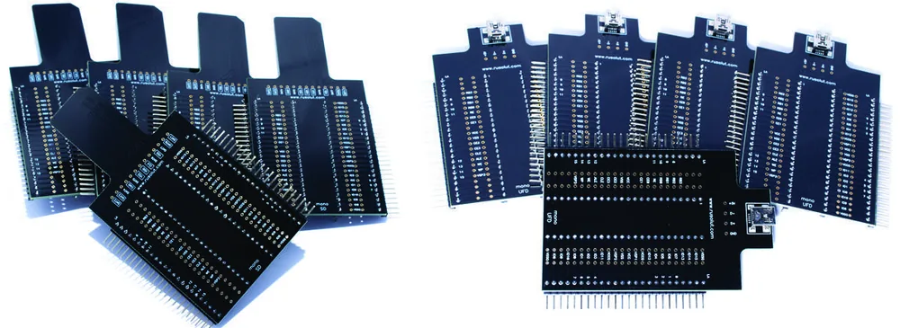 Le kit d’adaptateurs à souder du VNR : cartes pour cartes SD et clés USB, avec leurs sorties pour analyseur logique