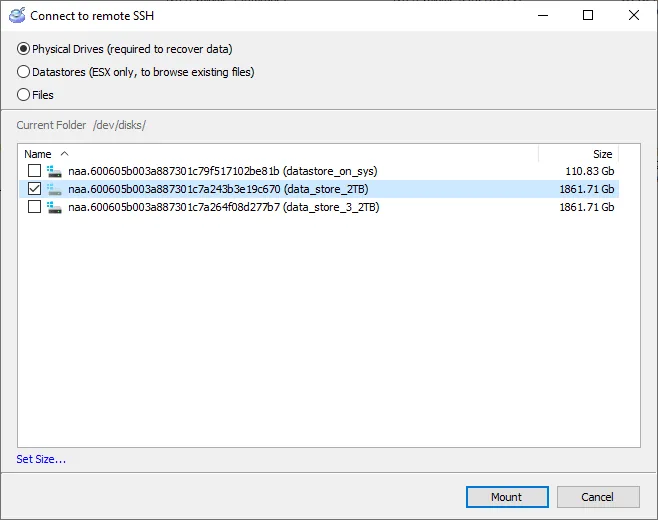 VMFS Recovery Ultimate connecté par SSH à un serveur ESXi : ses disques physiques et leurs datastores