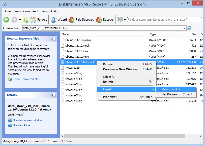 Un VMDK retrouvé sur un datastore, monté comme un disque dans VMFS Recovery