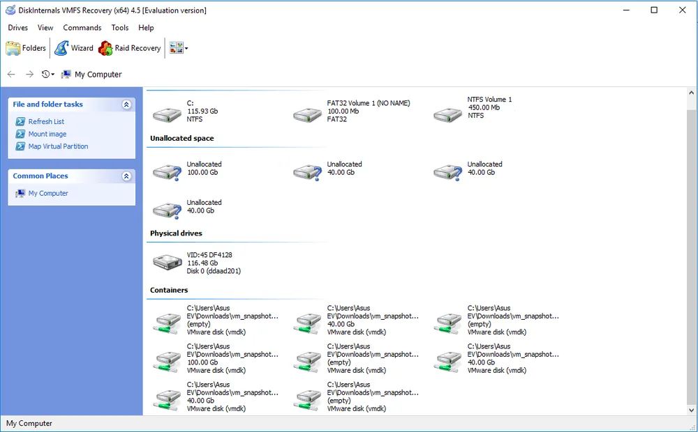 Les disques virtuels d’une machine et ses snapshots, montés dans VMFS Recovery